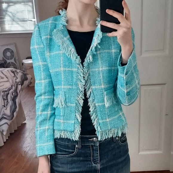 Jackets & Blazers - L'AGENCE Blue White Angelina Fringe Tweed Blazer